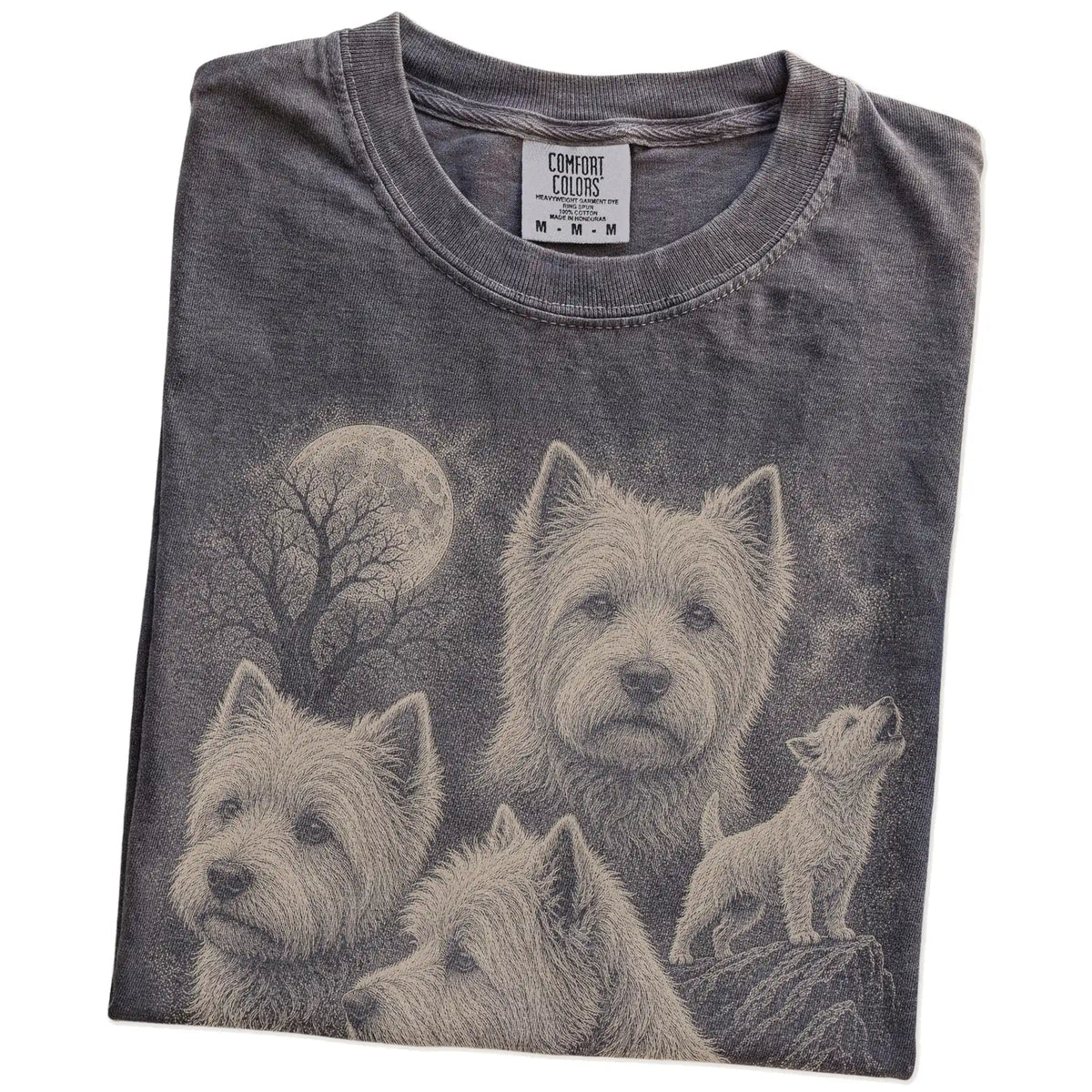 Folded Pepper Comfort Colors® T-shirt showing a vintage moon montage featuring Westie