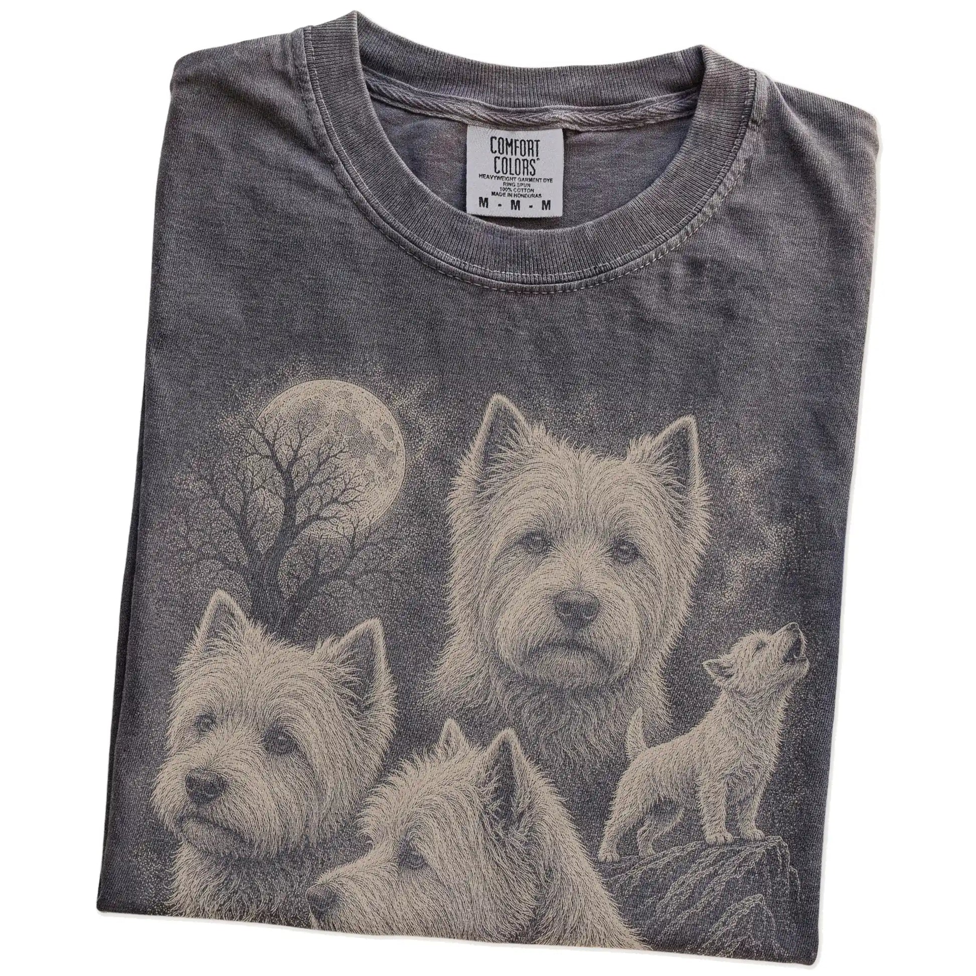 Folded Pepper Comfort Colors® T-shirt showing a vintage moon montage featuring Westie