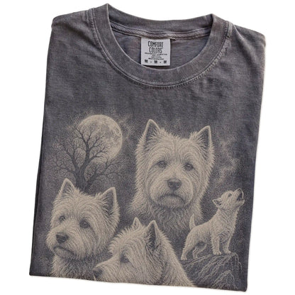 Folded Pepper Comfort Colors® T-shirt showing a vintage moon montage featuring Westie