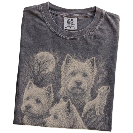 Folded Pepper Comfort Colors® T-shirt showing a vintage moon montage featuring Westie