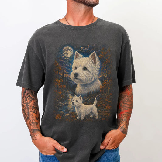 Model wearing a pepper T-shirt with Westie Autumn Moon artwork.