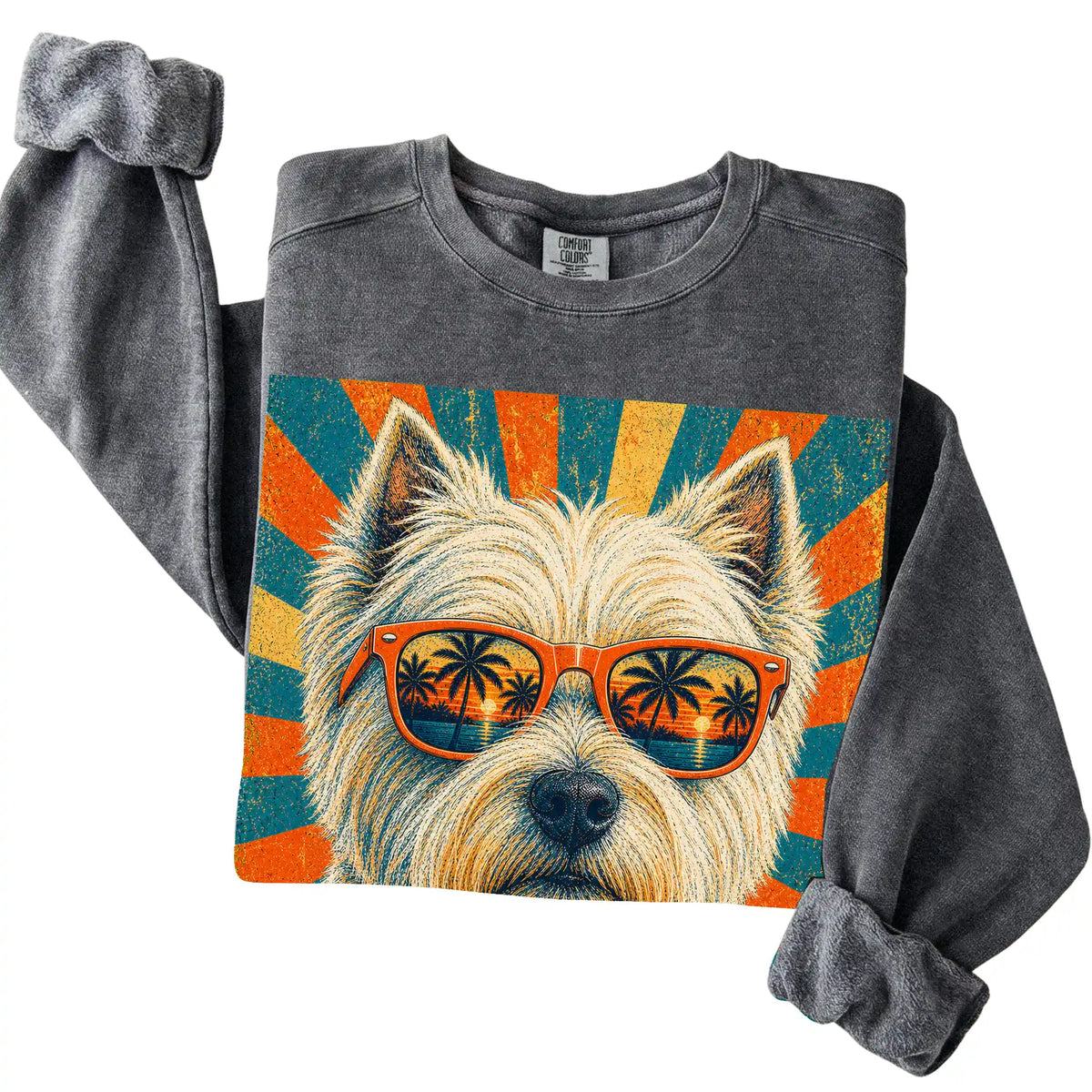 Folded Pepper Comfort Colors sweatshirt with a Retro Westie Dad design