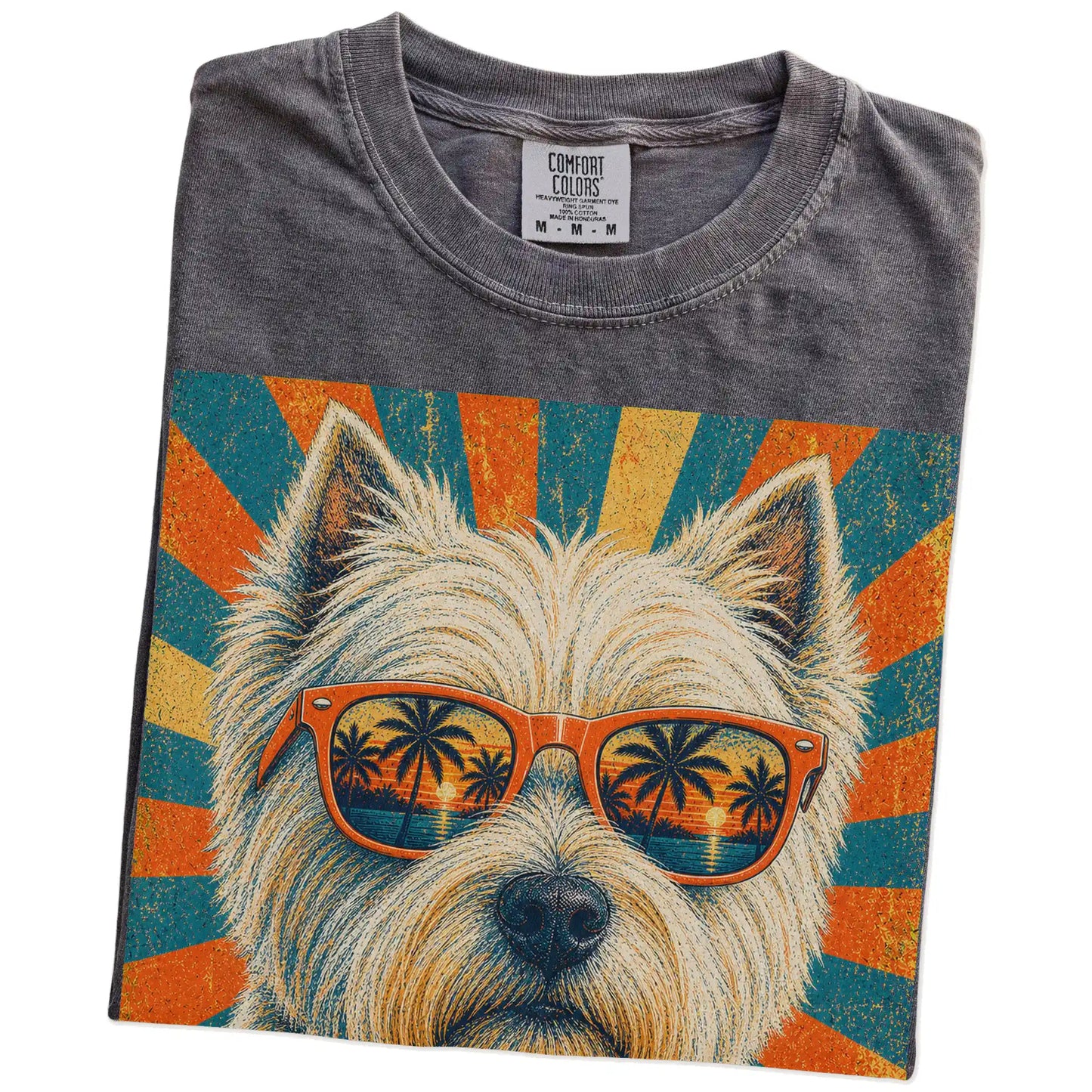 Retro Westie Dad design on a Pepper Comfort Colors T-shirt folded detail
