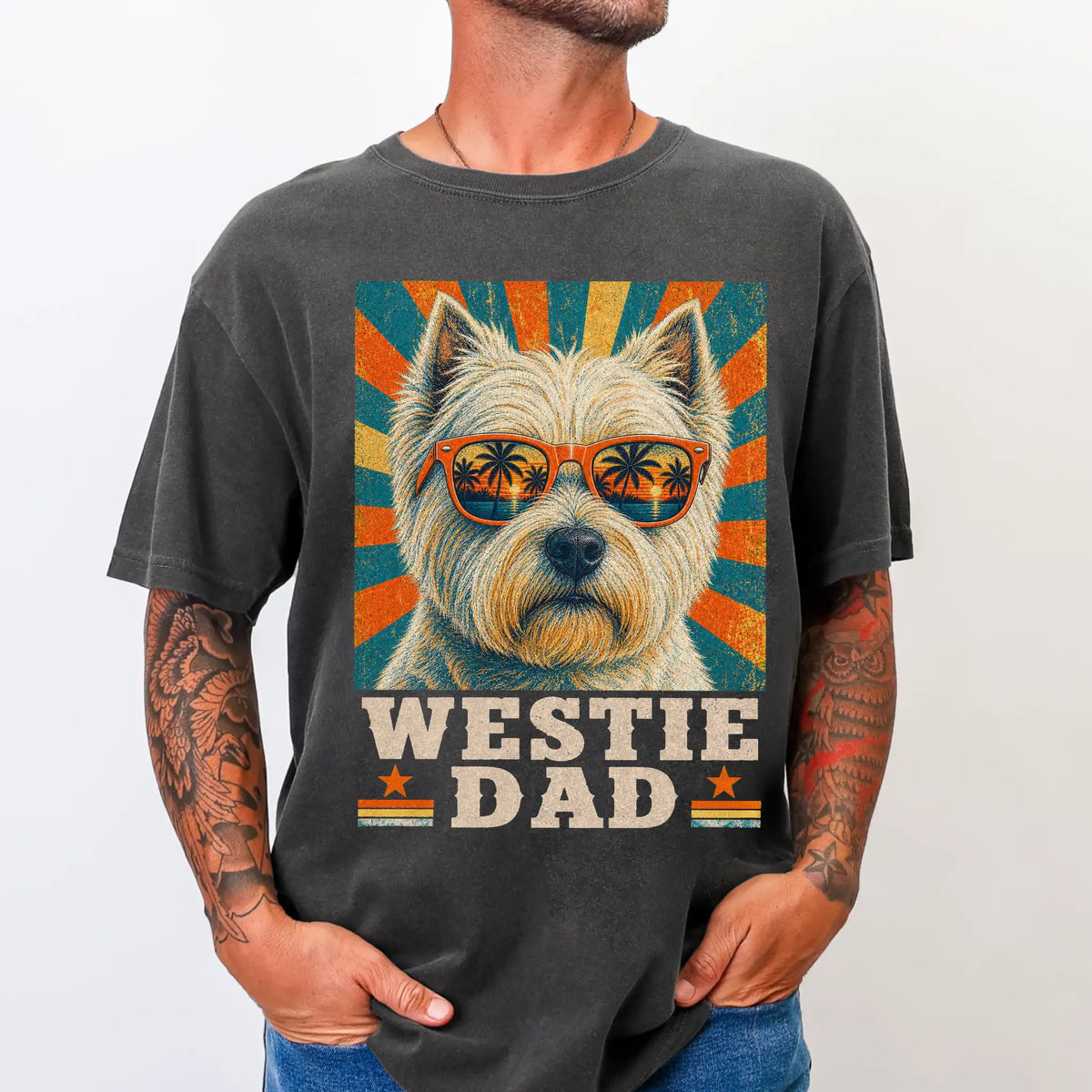 Retro Westie Dad design on a Pepper Comfort Colors T-shirt worn by a model