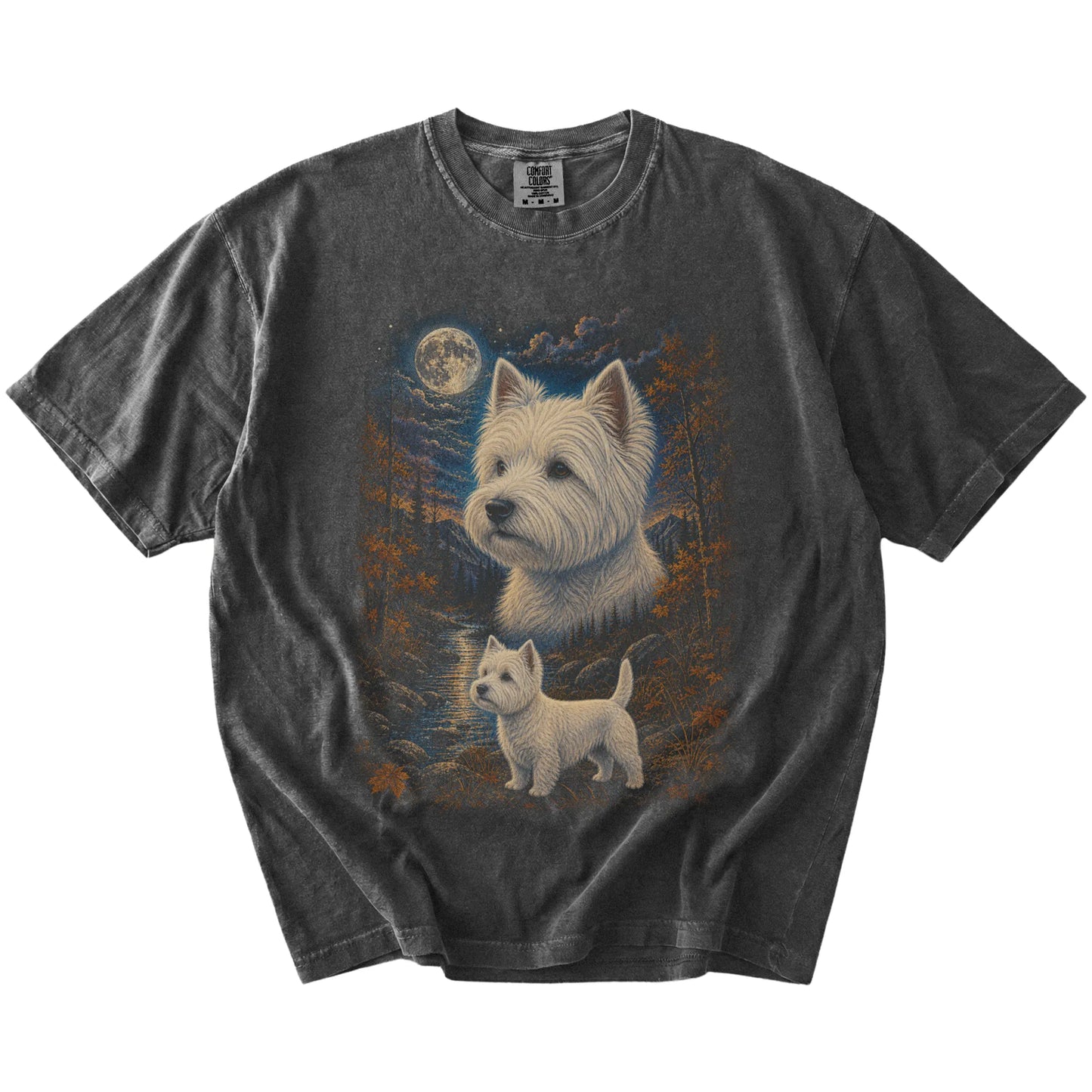 Westie in a moonlit fall forest scene on a Pepper Comfort Colors® t-shirt