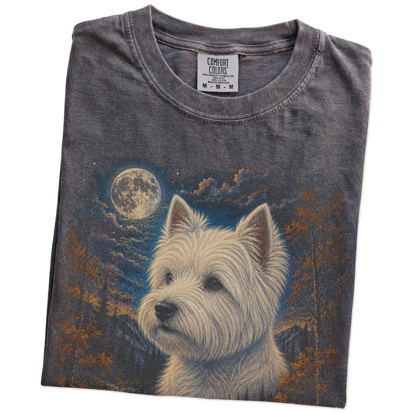 Folded Pepper Comfort Colors® t-shirt showing Westie in a fall forest graphic