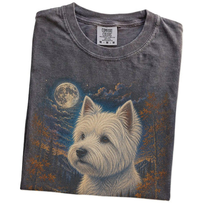 Folded Pepper Comfort Colors® t-shirt showing Westie in a fall forest graphic
