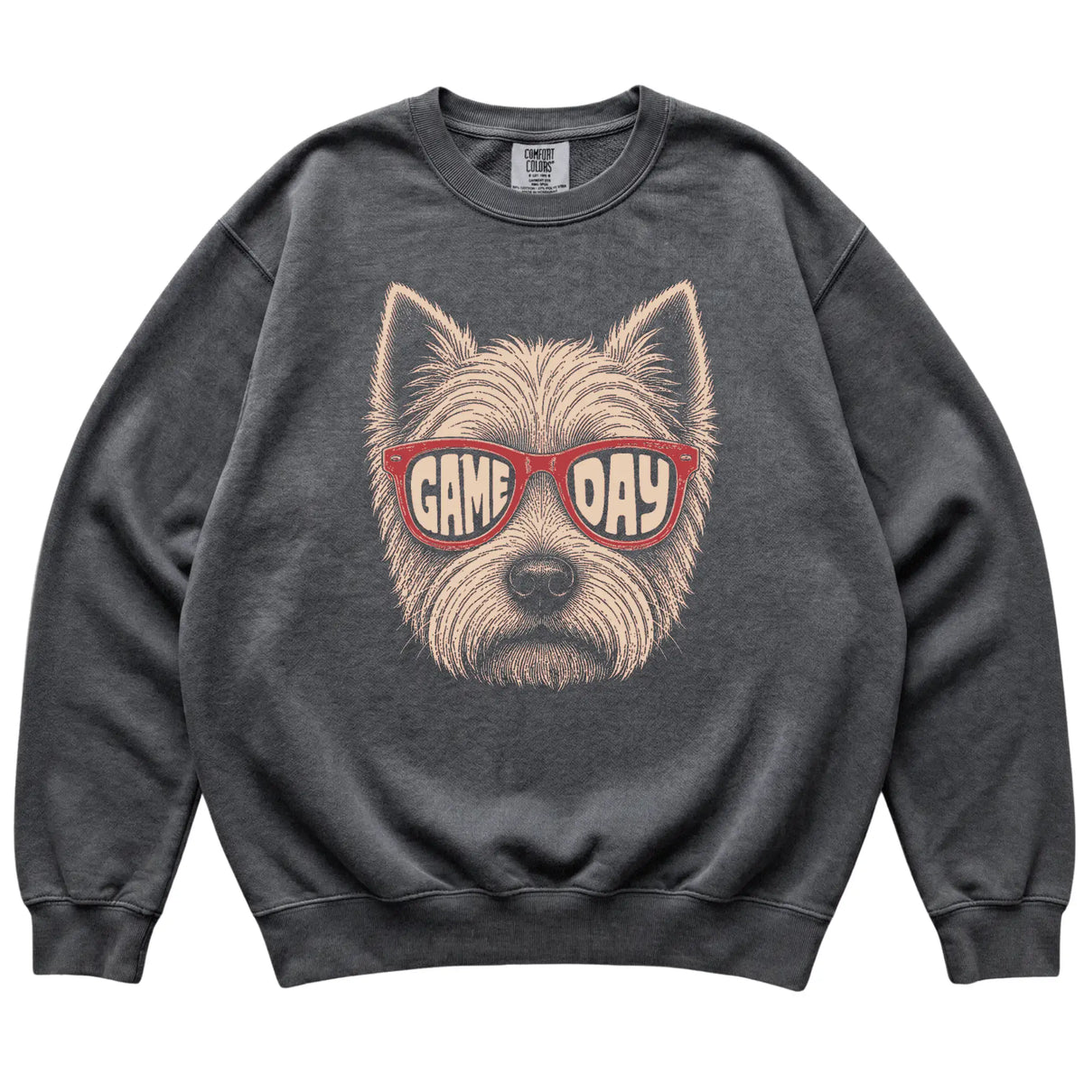 Westie Game Day design on a Pepper sweatshirt, flat lay
