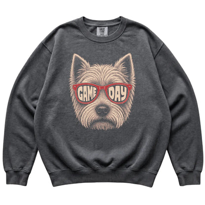 Westie Game Day design on a Pepper sweatshirt, flat lay