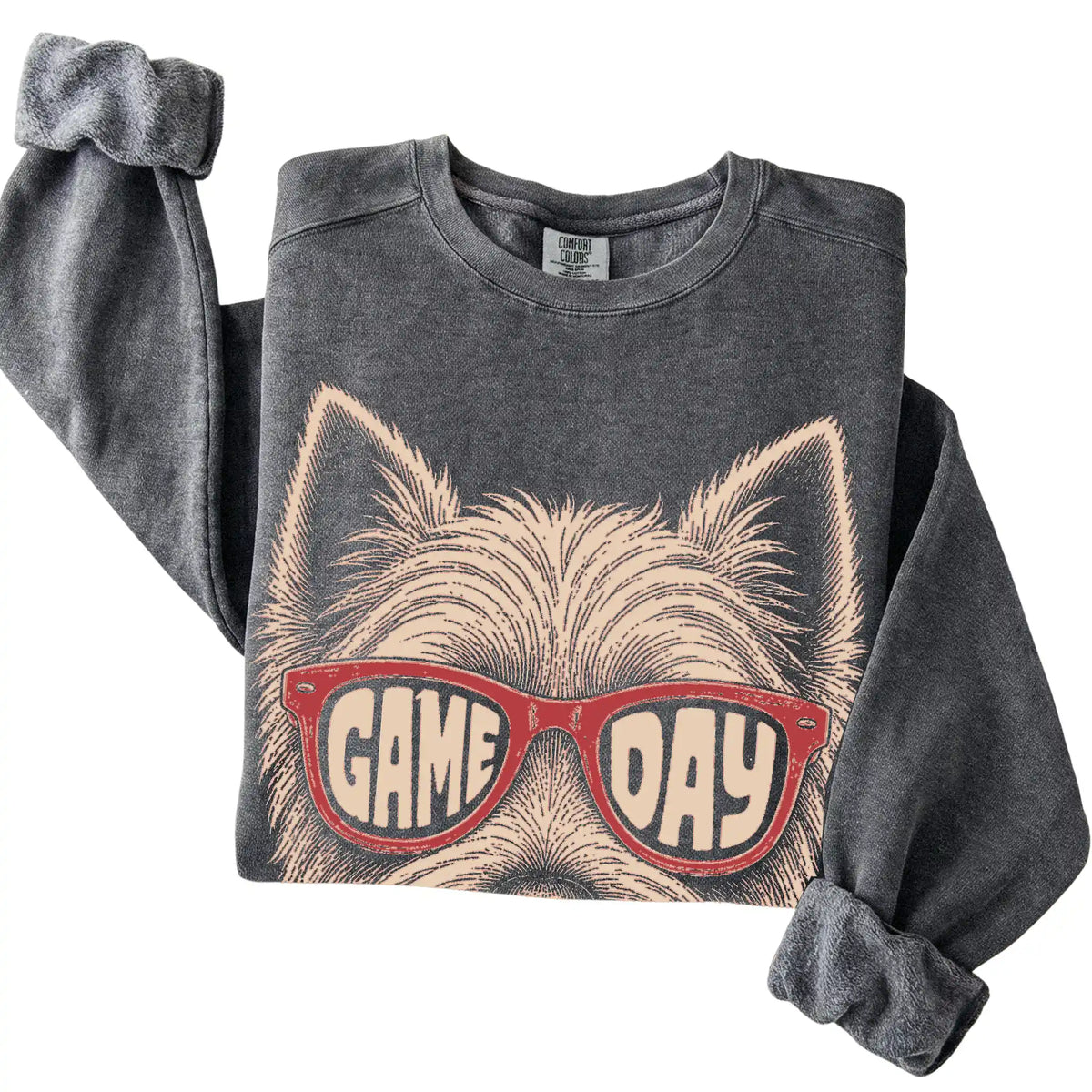 Westie Game Day design on a Pepper sweatshirt, folded view