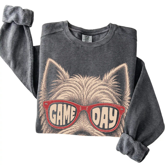 Westie Game Day design on a Pepper sweatshirt, folded view