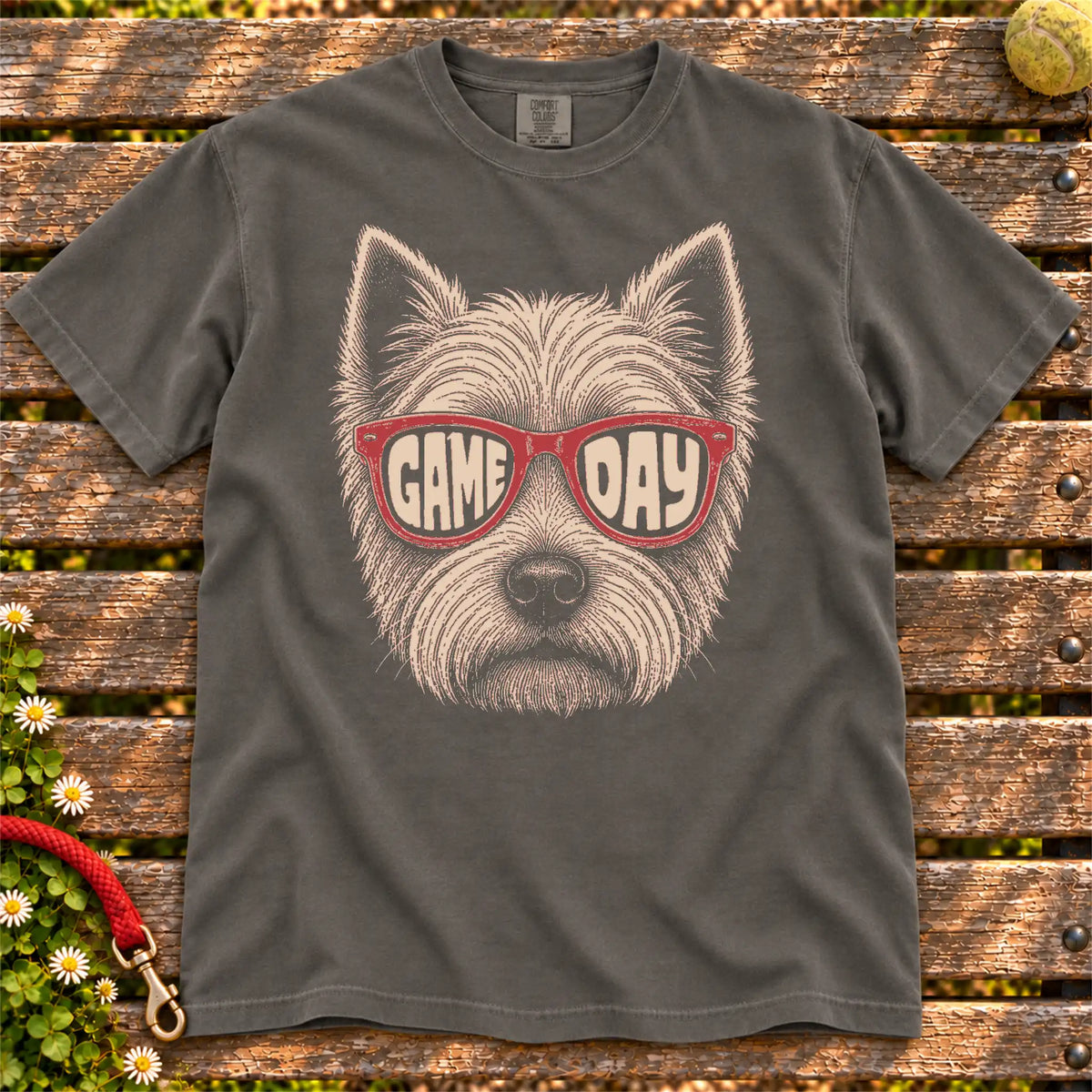 Westie Game Day design on a Pepper Comfort Colors T-shirt, shown flat