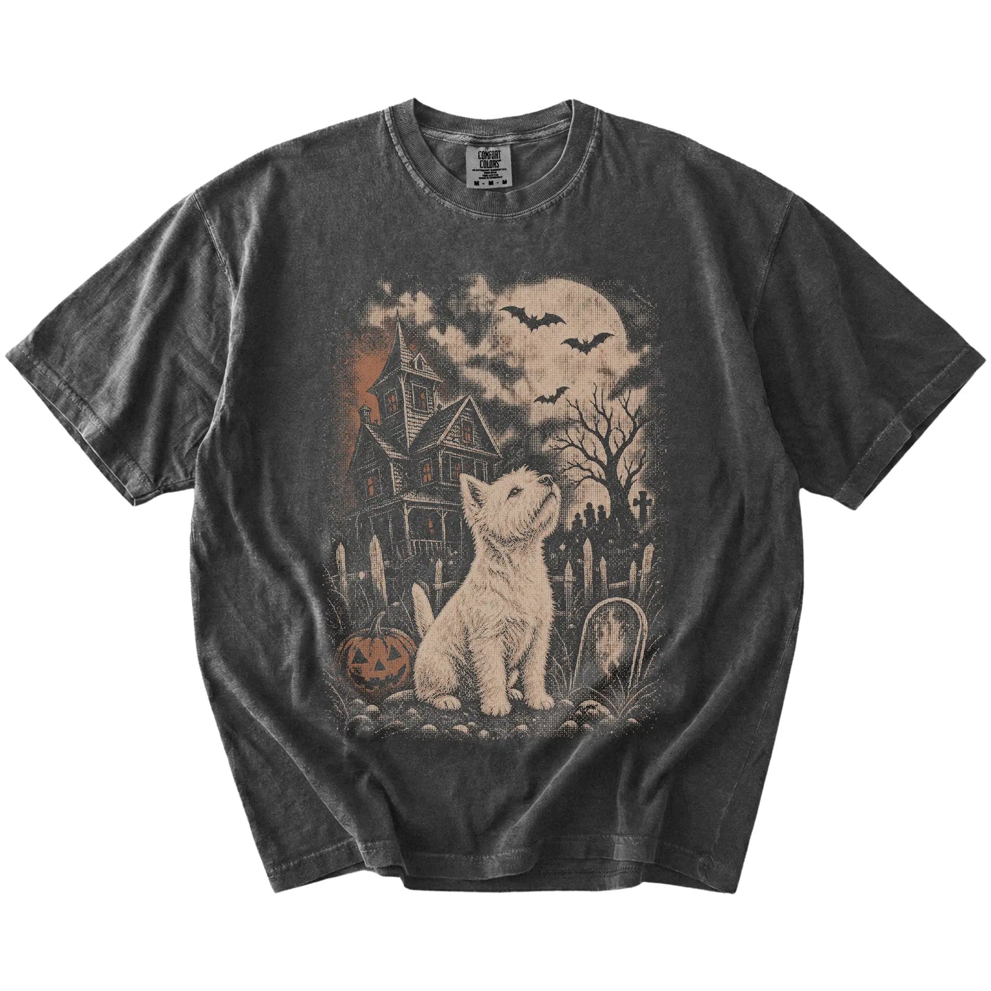 Westie in a vintage haunted-house scene on a Pepper Comfort Colors® T-shirt