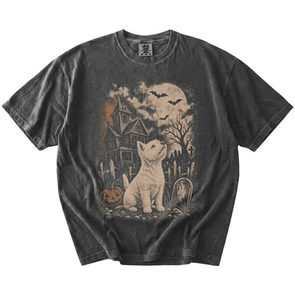 Westie in a vintage haunted-house scene on a Pepper Comfort Colors® T-shirt