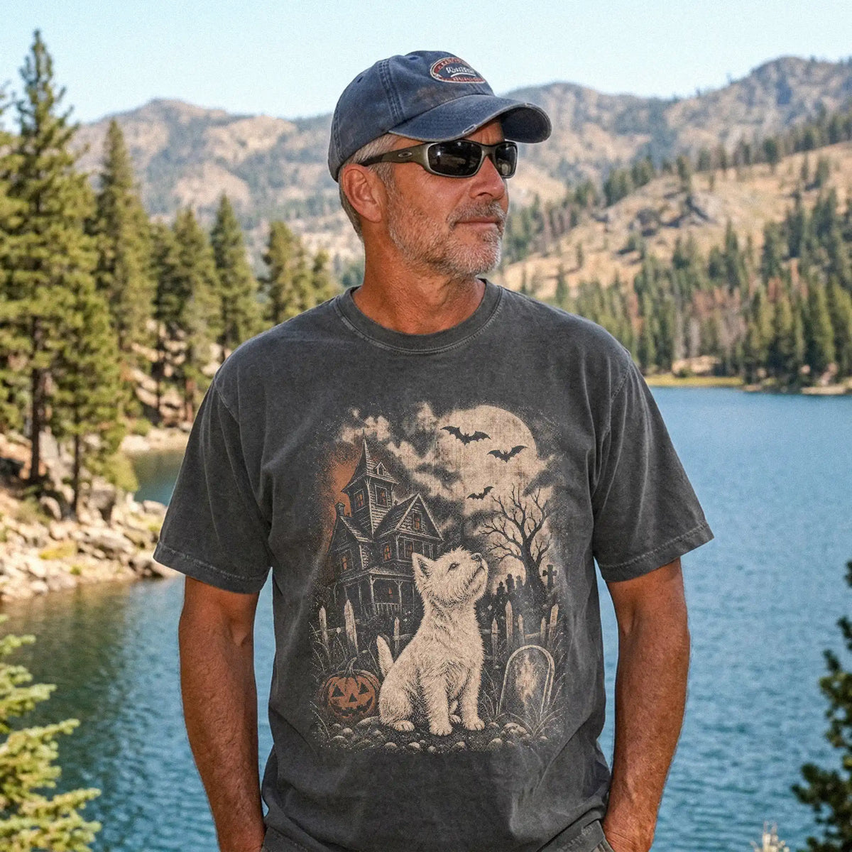 Model wearing a Pepper Comfort Colors® T-shirt showing Westie in a vintage haunted-house scene
