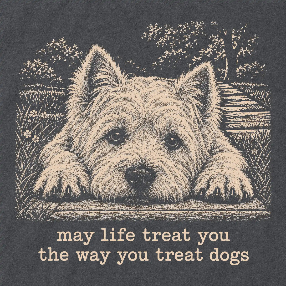 Westie Karma Comfort Colors sweatshirt in Pepper — Design Detail
