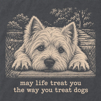 Westie Karma Comfort Colors sweatshirt in Pepper — Design Detail