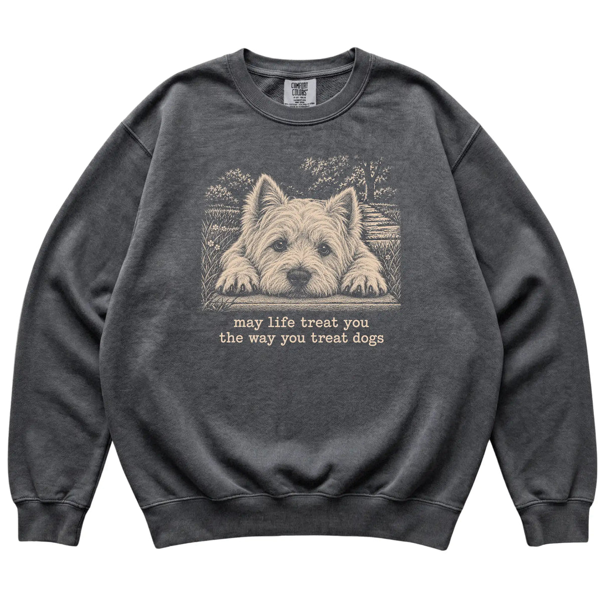 Westie Karma Comfort Colors sweatshirt in Pepper — Flat Lay