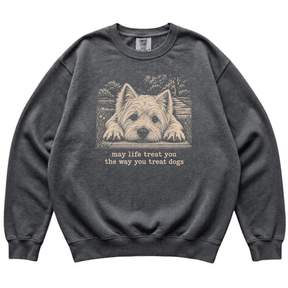 Westie Karma Comfort Colors sweatshirt in Pepper — Flat Lay
