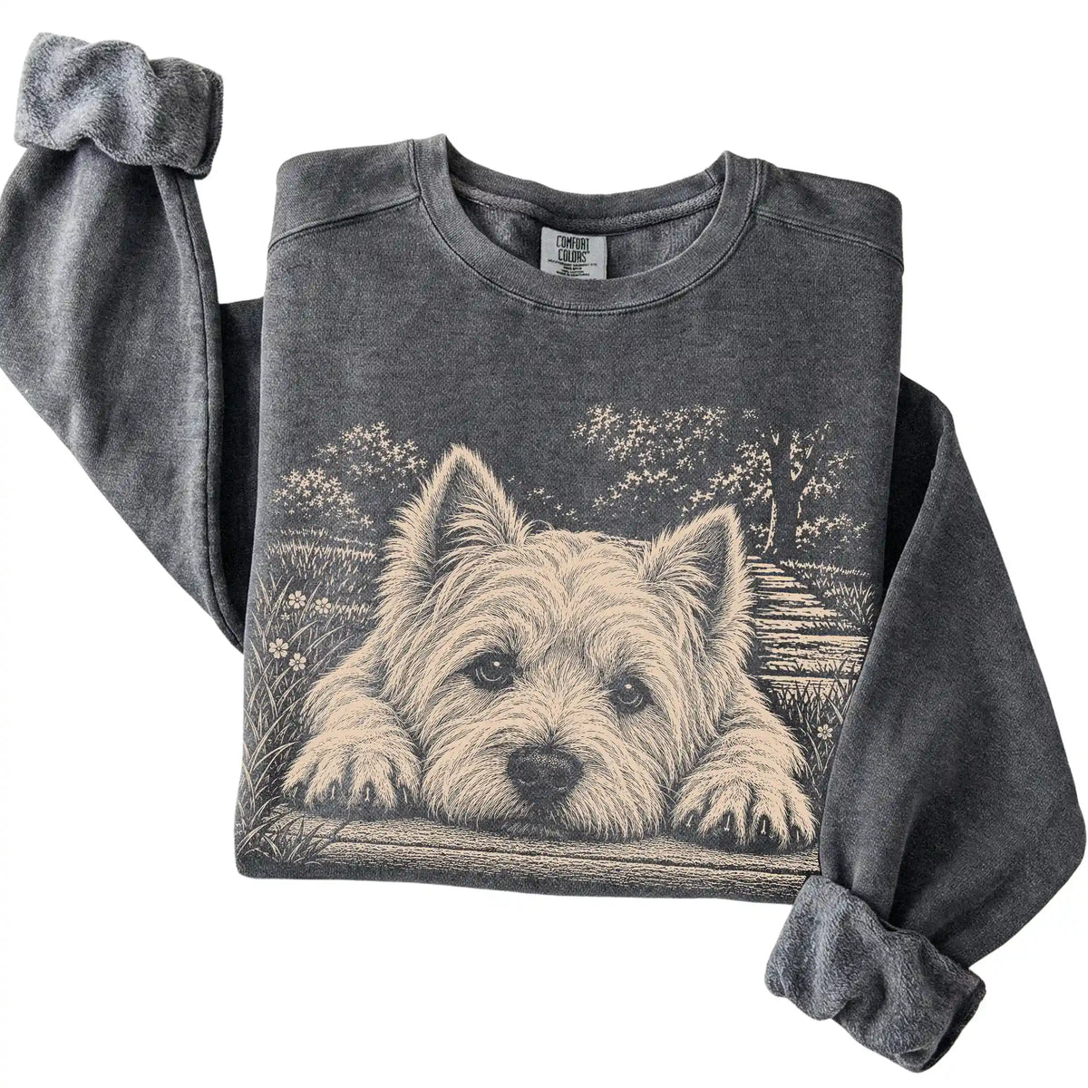 Westie Karma Comfort Colors sweatshirt in Pepper — Folded Detail