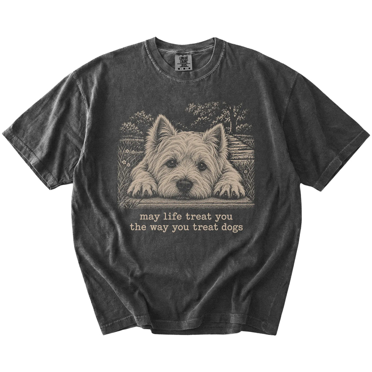 Westie Karma Comfort Colors T-shirt in Pepper — Flat Lay