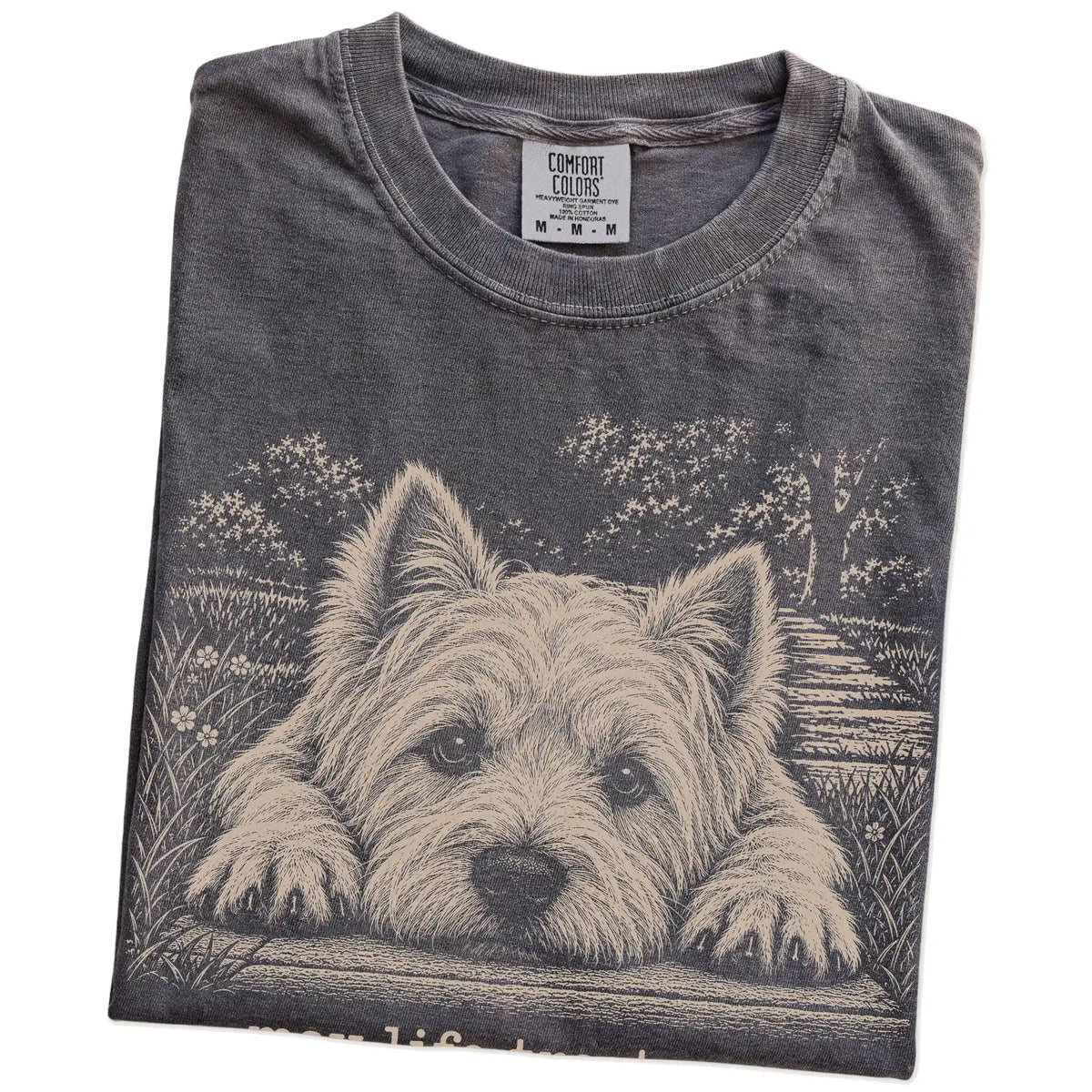 Westie Karma Comfort Colors T-shirt in Pepper — Folded Detail