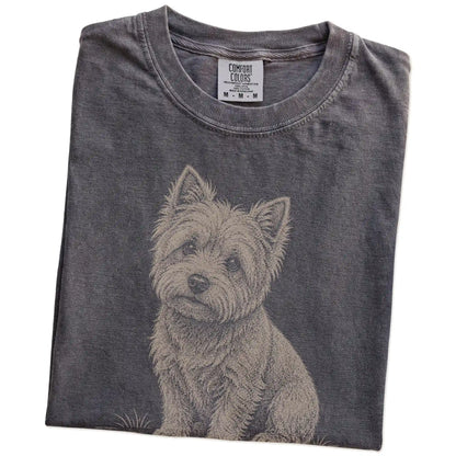 Folded Pepper Westie Karma T-Shirt showing the graphic