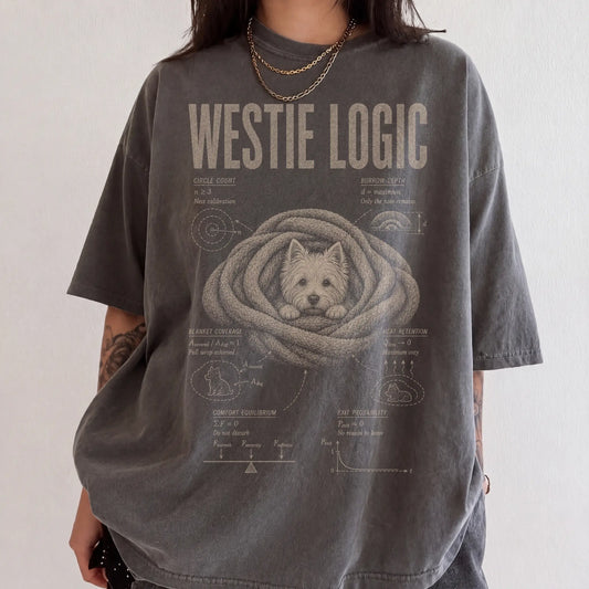 Woman wearing a Pepper Westie Logic T-Shirt