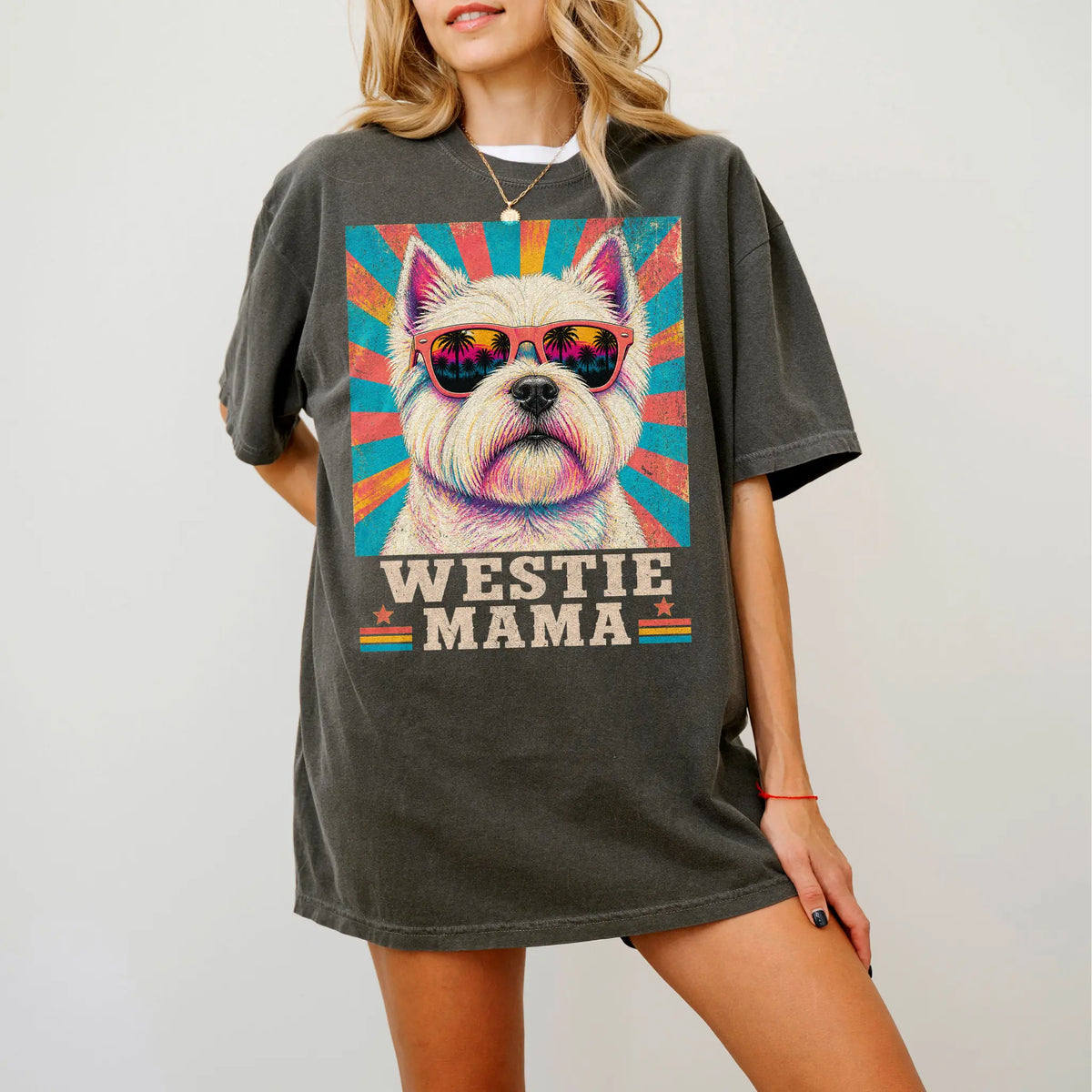 Retro Westie Mama design on a Pepper Comfort Colors T-shirt worn by a model