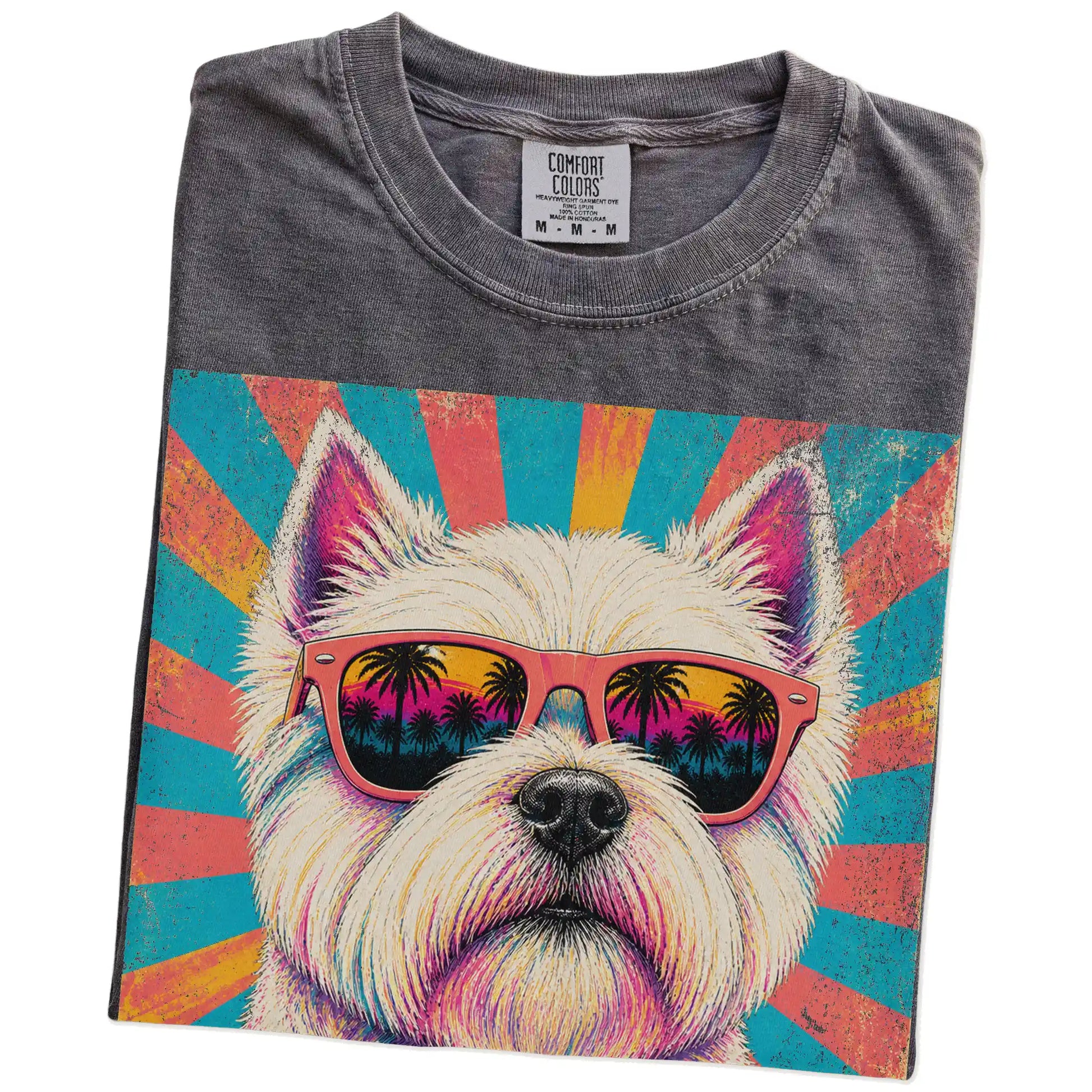 Retro Westie Mama design on a Pepper Comfort Colors T-shirt folded detail