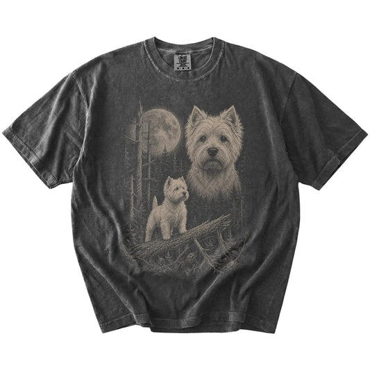 Pepper Westie Moonlit Forest T-Shirt laid flat