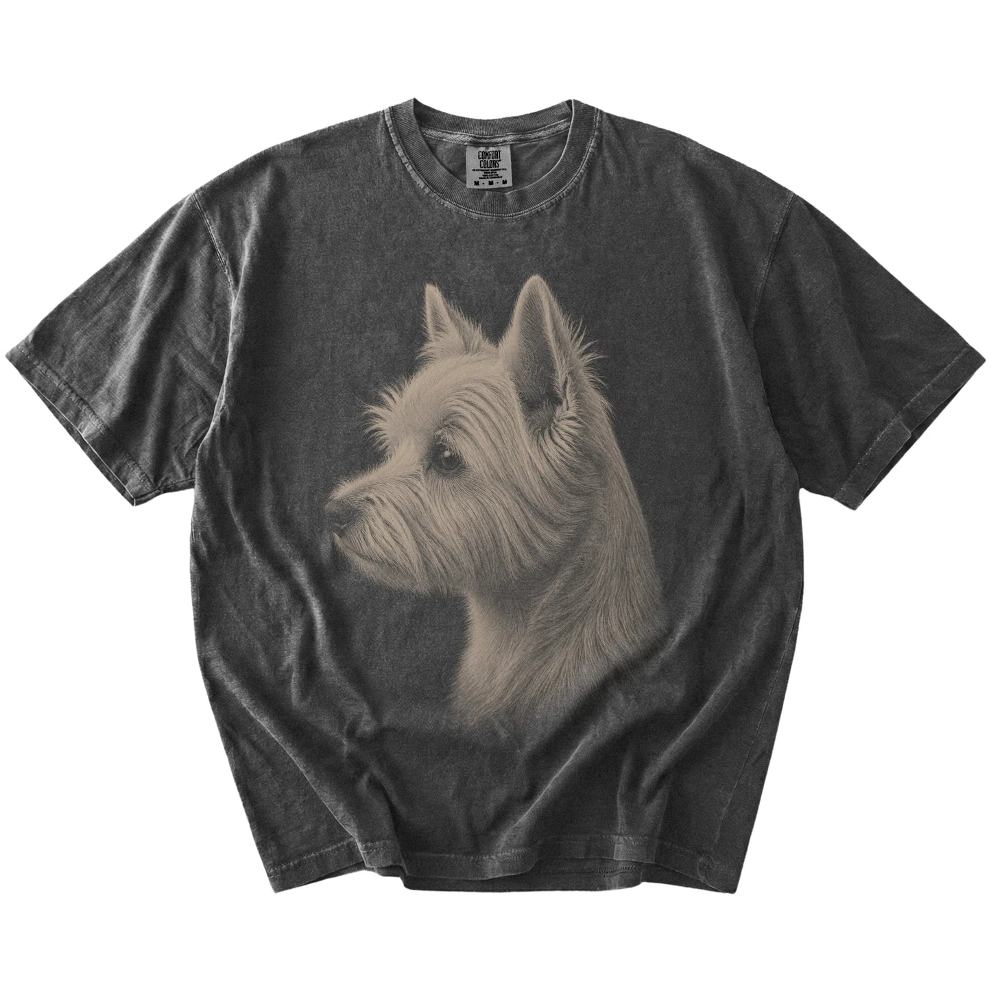 A detailed photographic portrait of a Westie on a Pepper Comfort Colors® T-shirt