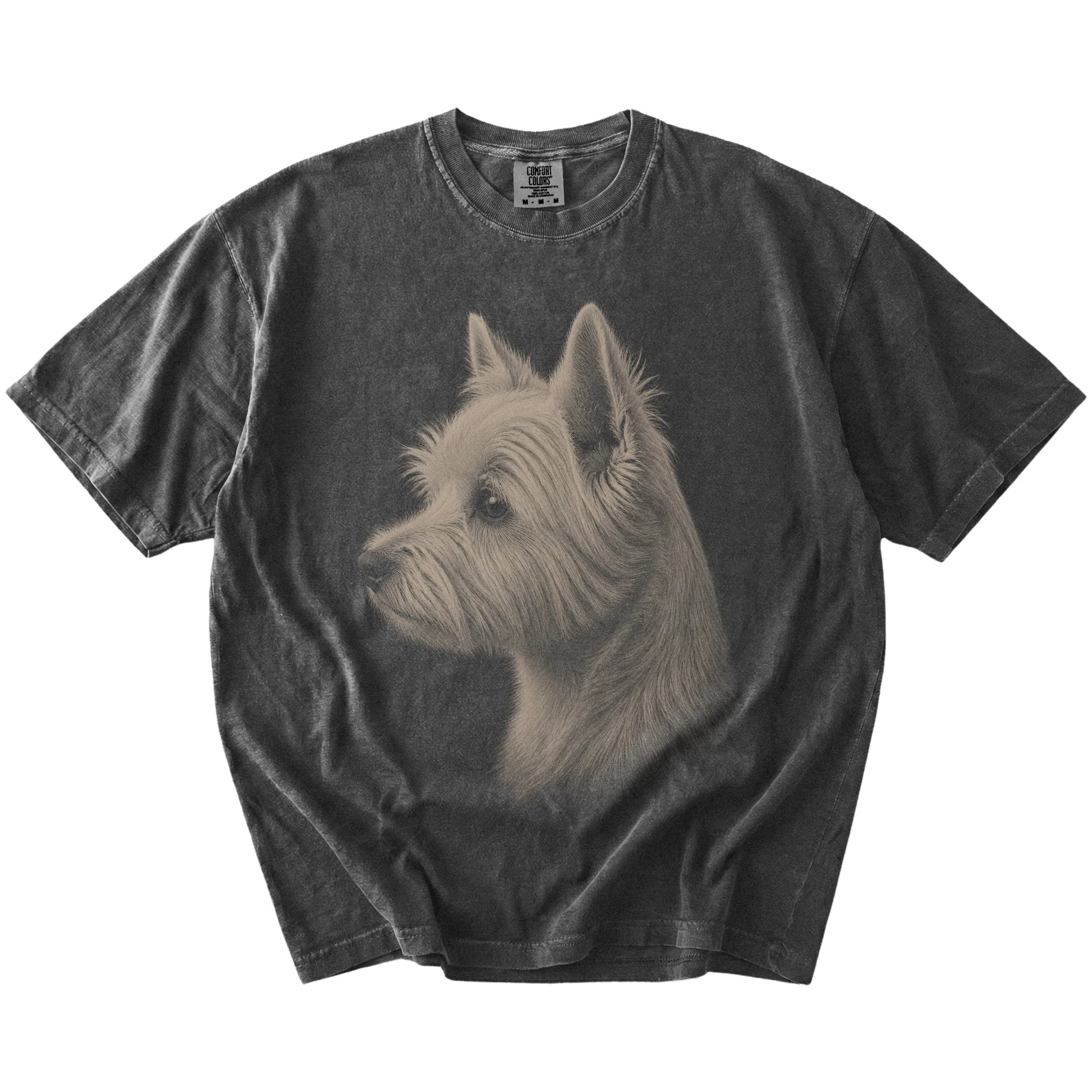 A detailed photographic portrait of a Westie on a Pepper Comfort Colors® T-shirt