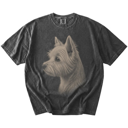 A detailed photographic portrait of a Westie on a Pepper Comfort Colors® T-shirt