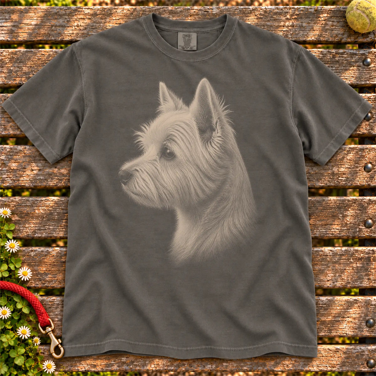 Westie Photo design on a Pepper Comfort Colors T-shirt, shown flat