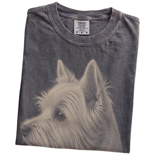Folded Pepper Comfort Colors® T-shirt showing a detailed photographic portrait of a Westie
