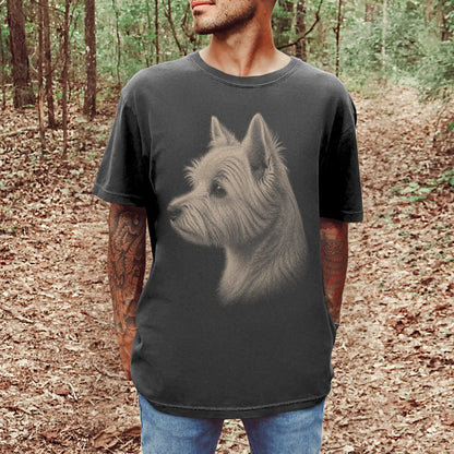 Model wearing a Pepper Comfort Colors® T-shirt with a detailed photographic portrait of a Westie