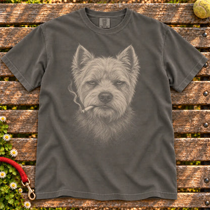 Westie smoking design on a Pepper t-shirt