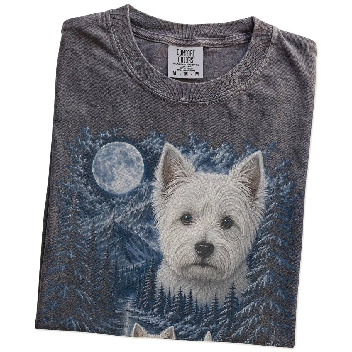 Folded pepper T-shirt with Westie Winter Moon artwork.