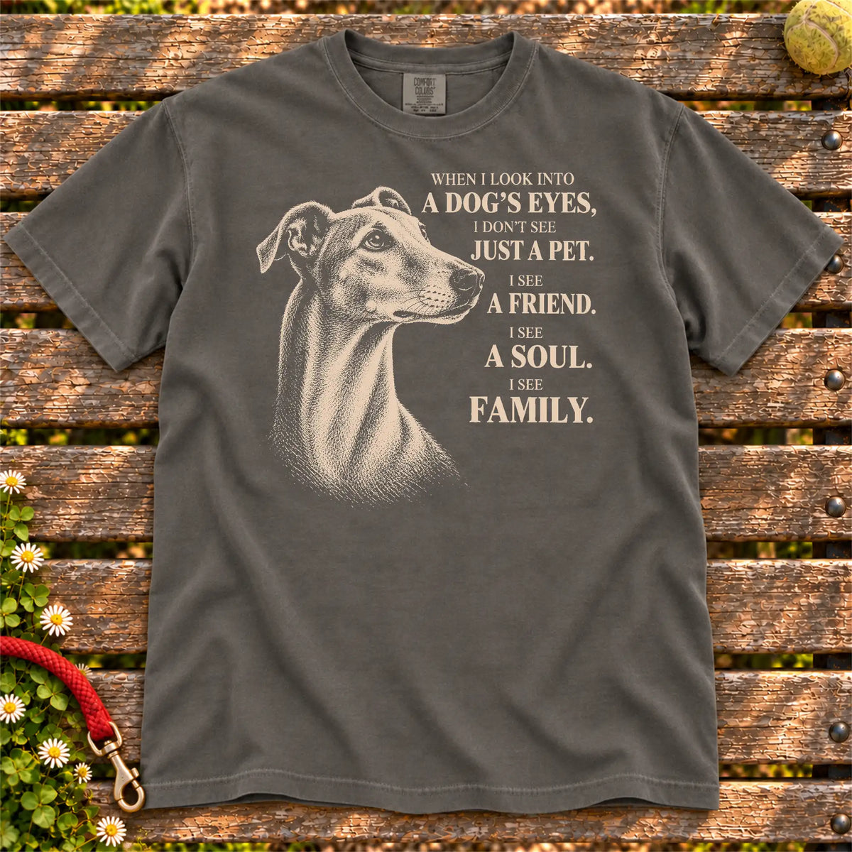 Pepper Comfort Colors® T-shirt featuring the Greyhound More Than a Pet design.