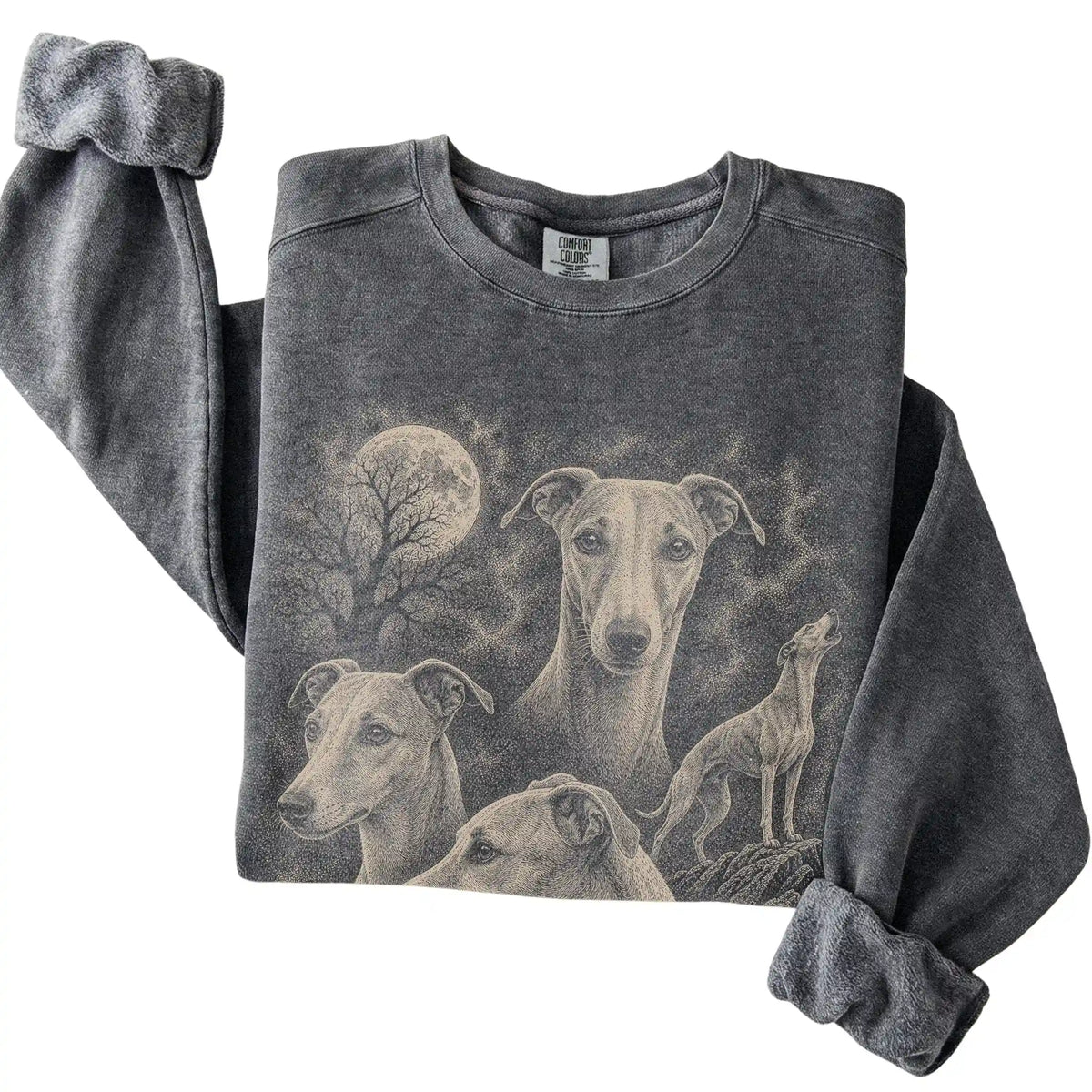 Pepper Comfort Colors sweatshirt featuring a Whippet 1990s moon design
