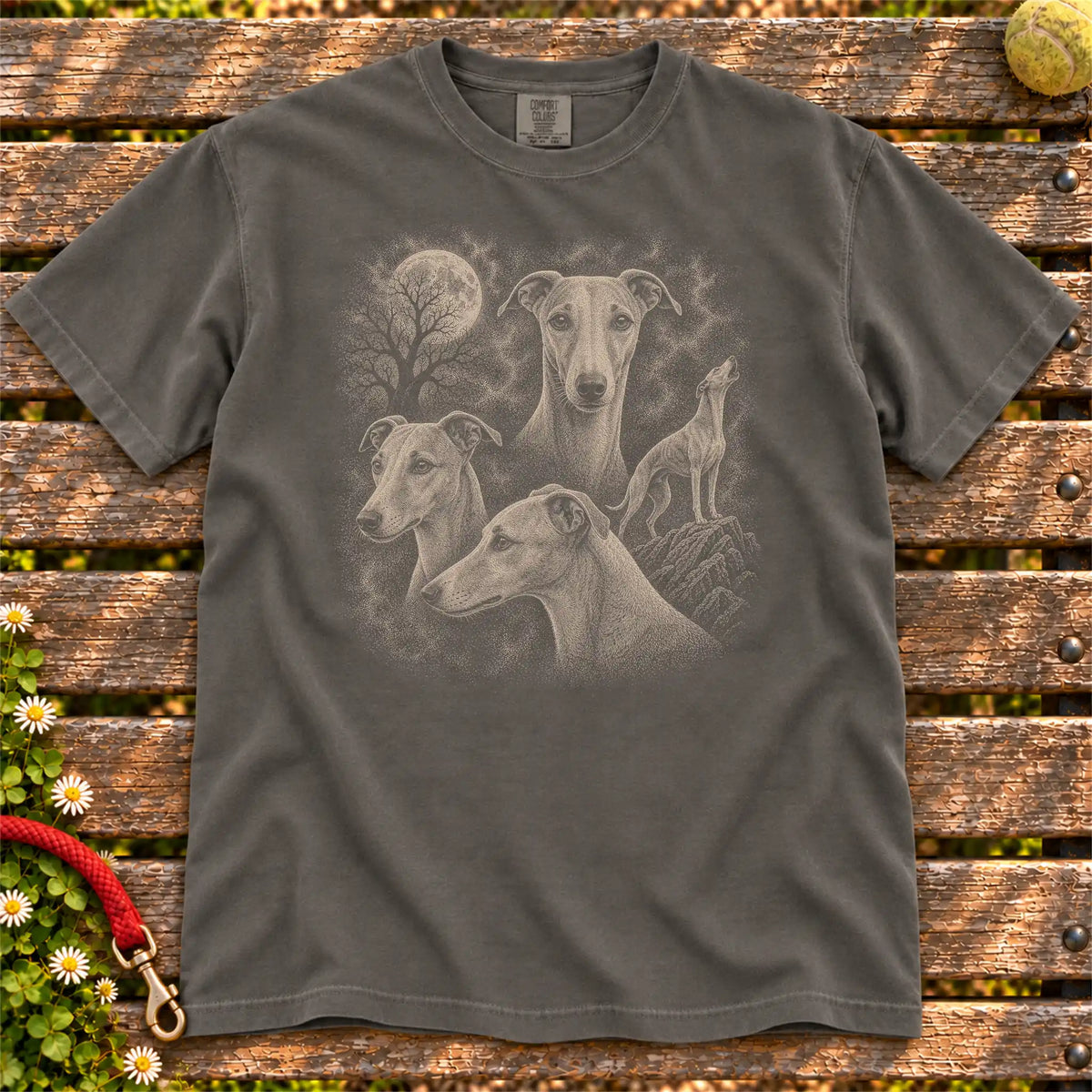 Whippet 90s Moon design on a Pepper T-shirt shown flat
