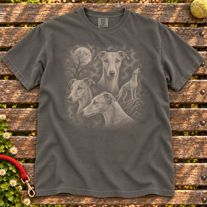 Whippet 90s Moon design on a Pepper T-shirt shown flat