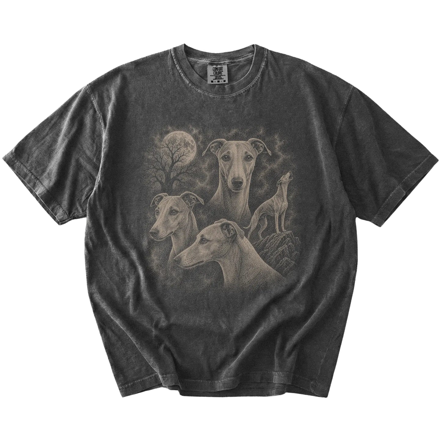 Vintage moon montage featuring Whippet on a Pepper Comfort Colors® T-shirt