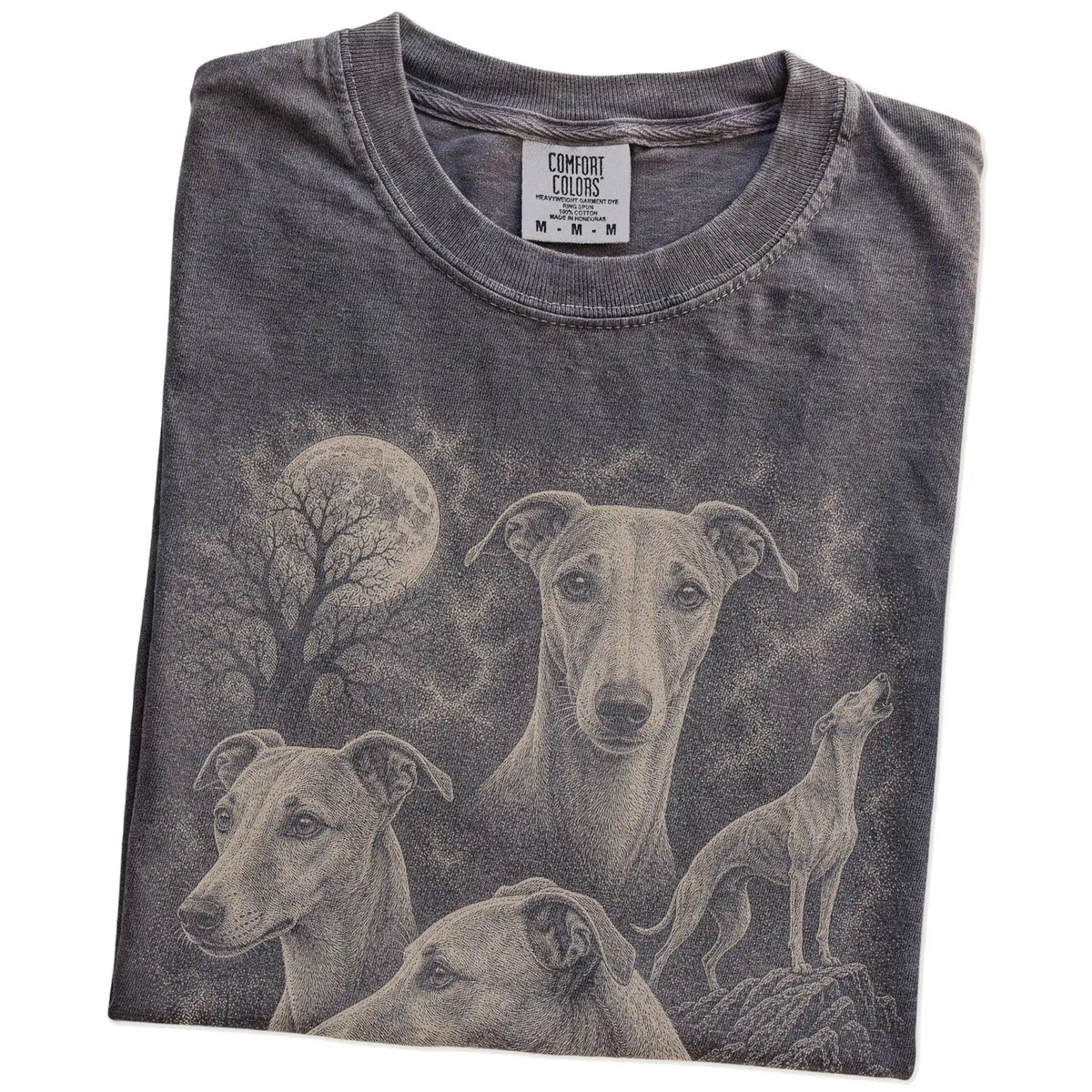 Folded Pepper Comfort Colors® T-shirt showing a vintage moon montage featuring Whippet