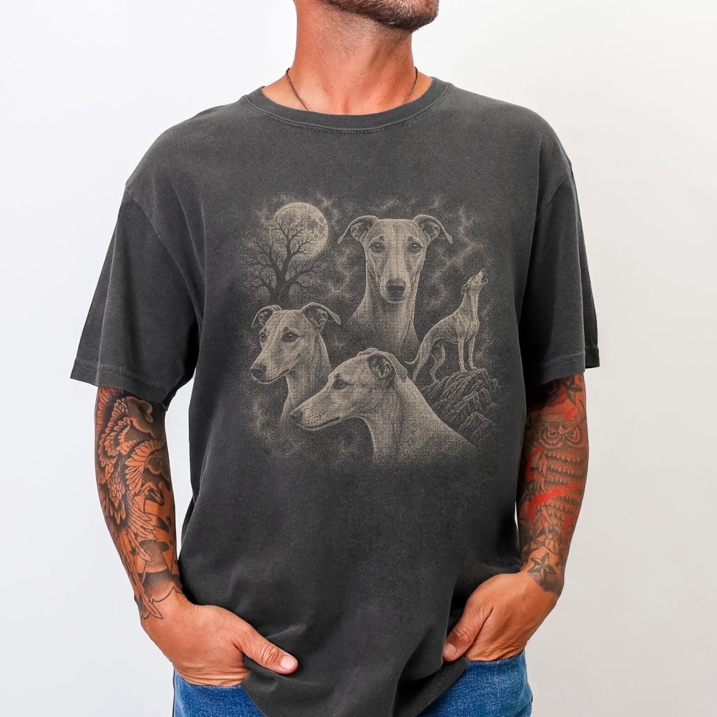 Model wearing a Pepper Comfort Colors® T-shirt with a vintage moon montage featuring Whippet