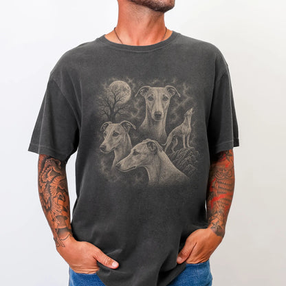 Model wearing a Pepper Comfort Colors® T-shirt with a vintage moon montage featuring Whippet