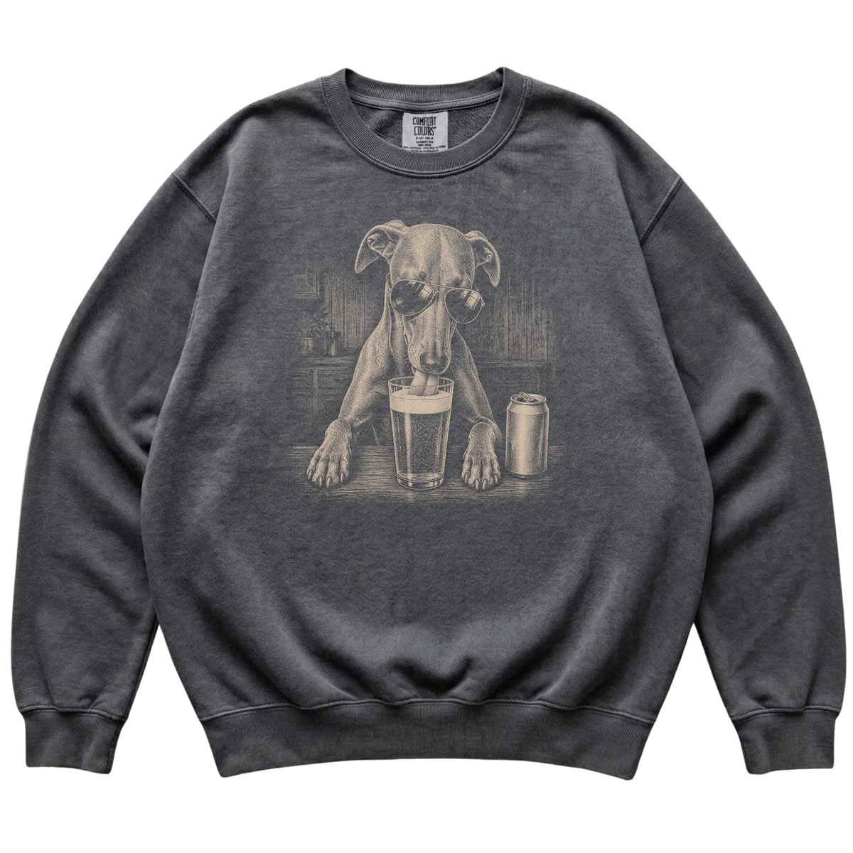 Pepper Whippet drinking from a pint at a bar, laid flat