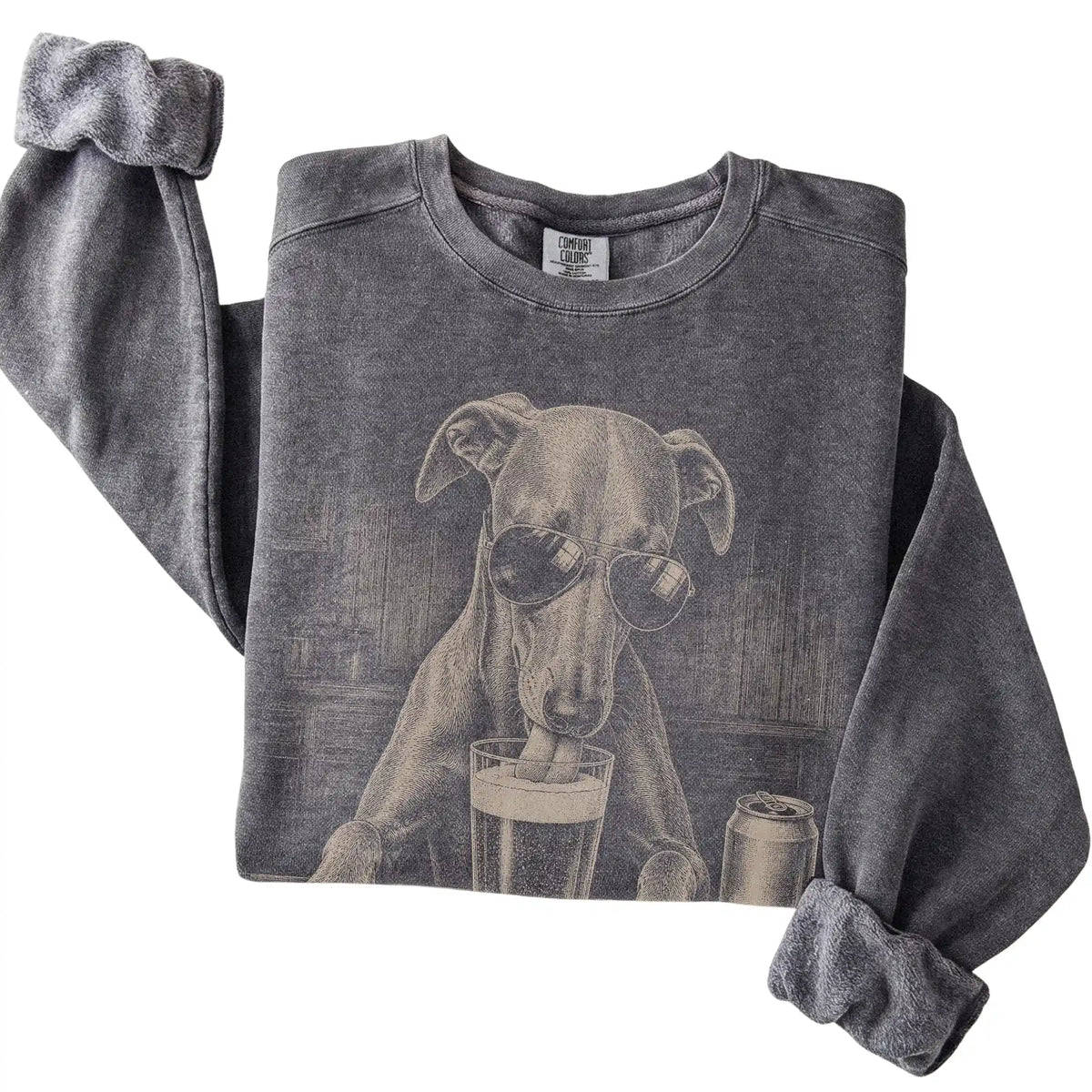 Pepper Whippet drinking from a pint at a bar, folded detail view