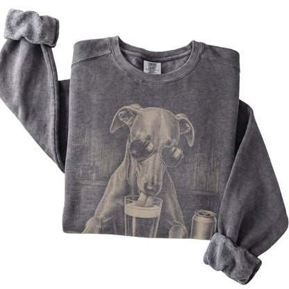 Pepper Whippet drinking from a pint at a bar, folded detail view